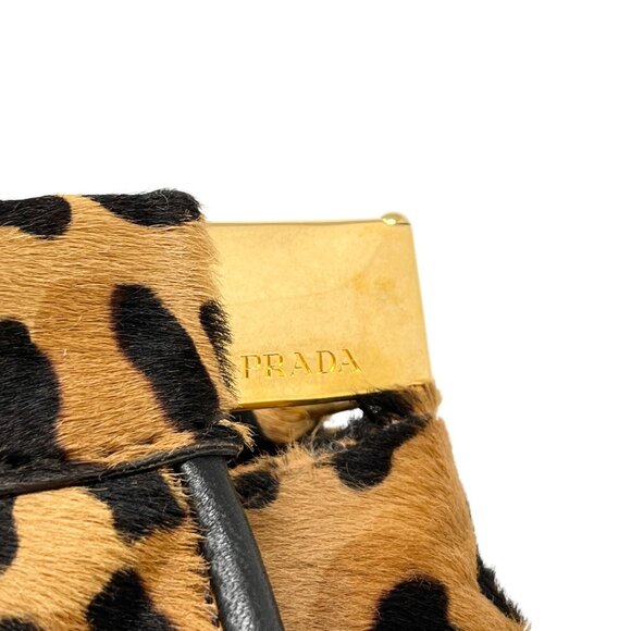 PRADA Vintage Logo Leopard Shoulder Tote Bag Camel Black Calf Hair  [103974] - Picture 10 of 14